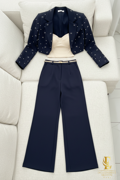 Conjunto Navy Pearl Blazer Cropped & Palazzo cod.C229
