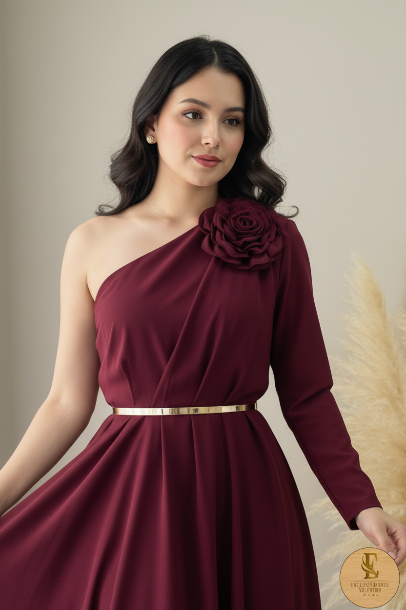 Vestido Vino Un Hombro Rosa 3D Cinturón Dorado cod.0091