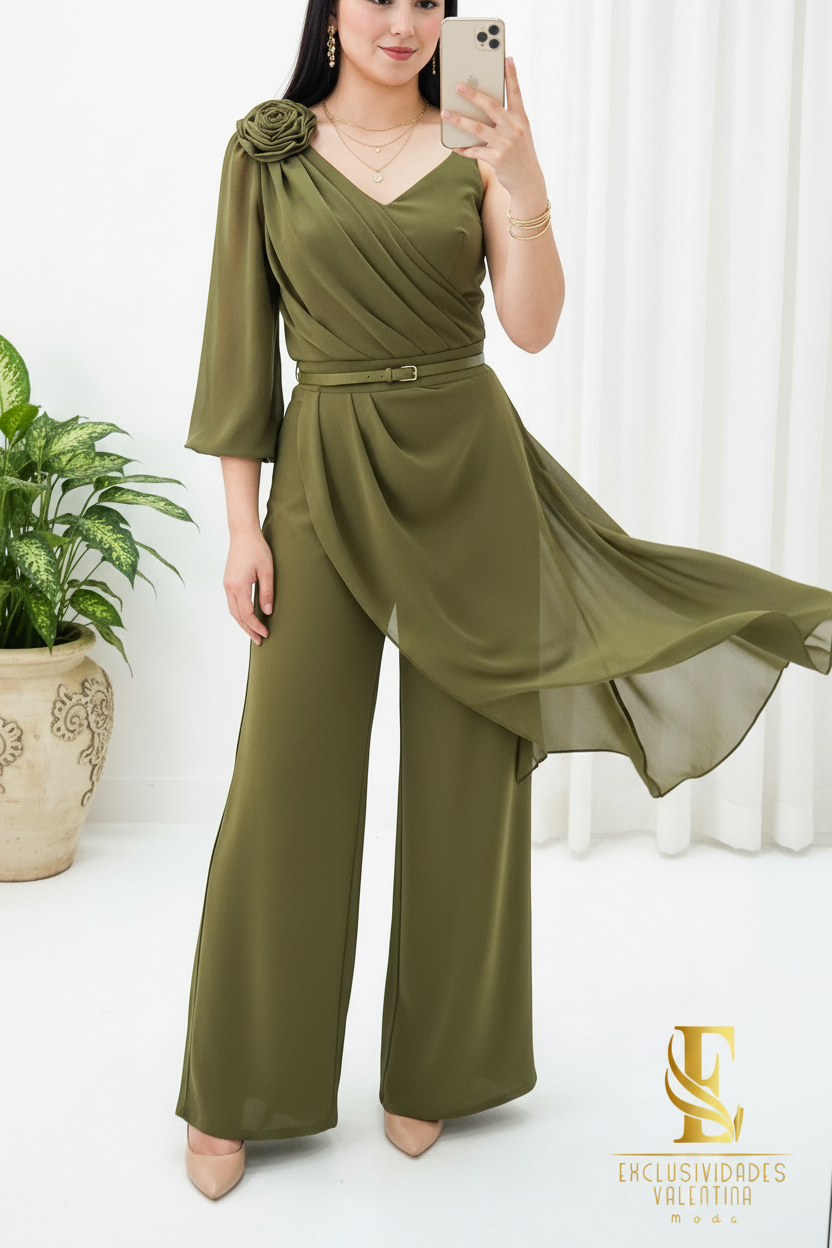 Jumpsuit Verde Oliva Escote V Rosa 3D Capa Drapeada Palazzo cod.C295
