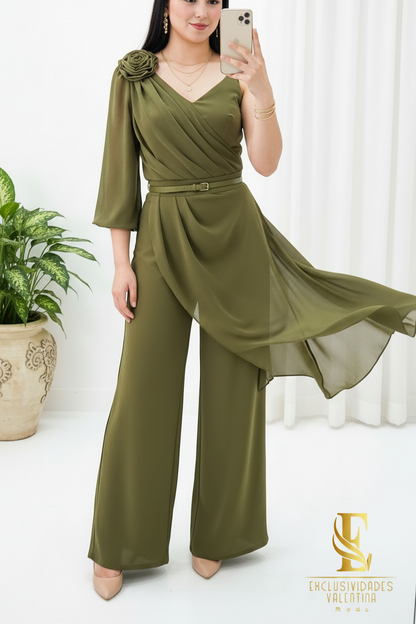 Jumpsuit Verde Oliva Escote V Rosa 3D Capa Drapeada Palazzo cod.C295