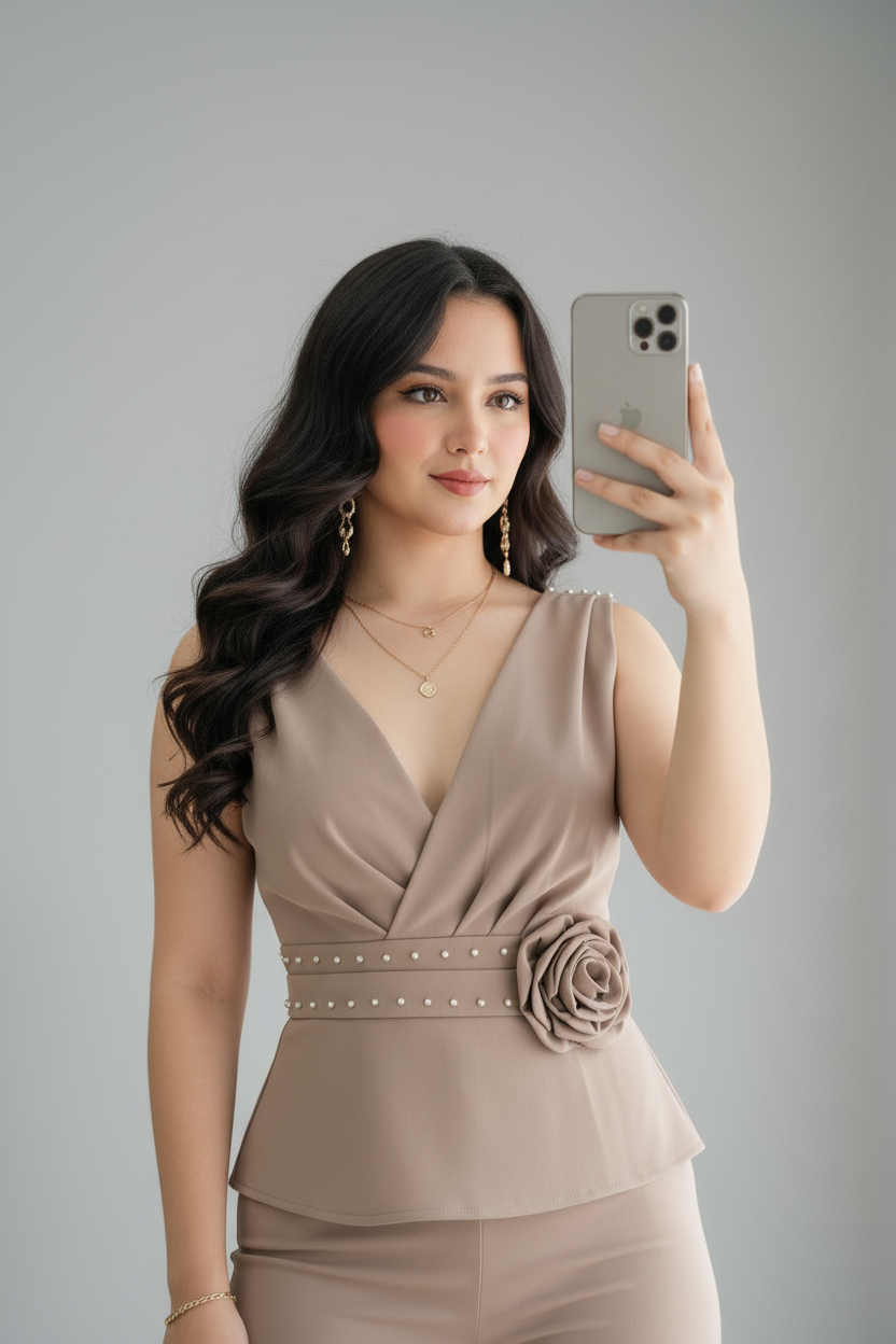 Conjunto taupe  Rosa 3D Perlas + Palazzo cod.C585
