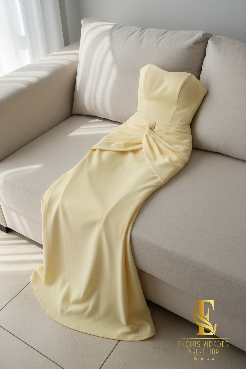 Vestido Sirena Amarillo Mantequilla | Strapless con Drapeado Anudado cod.V448