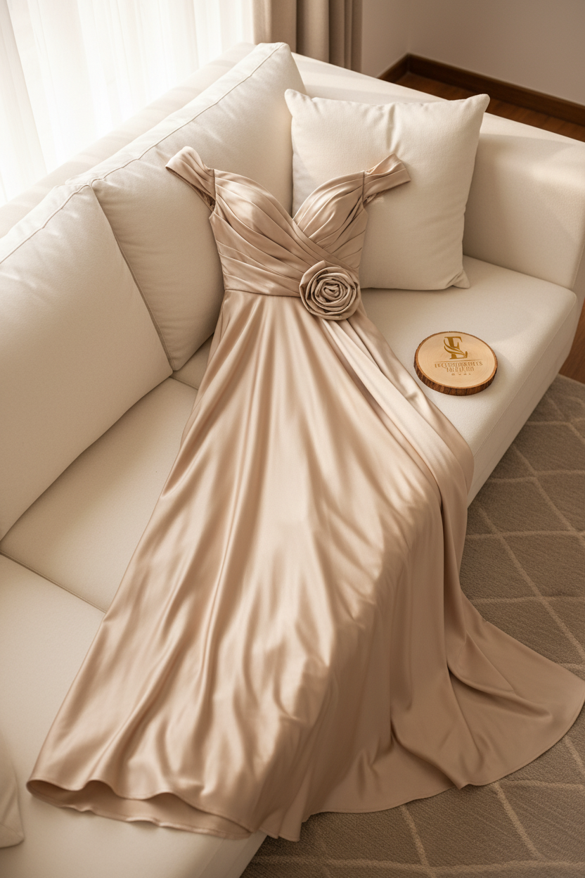 Vestido Champagne — Rosa 3D & Hombros Descubiertos cod.855