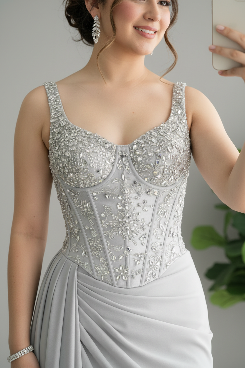Vestido Gris Plateado Corset Bordado
