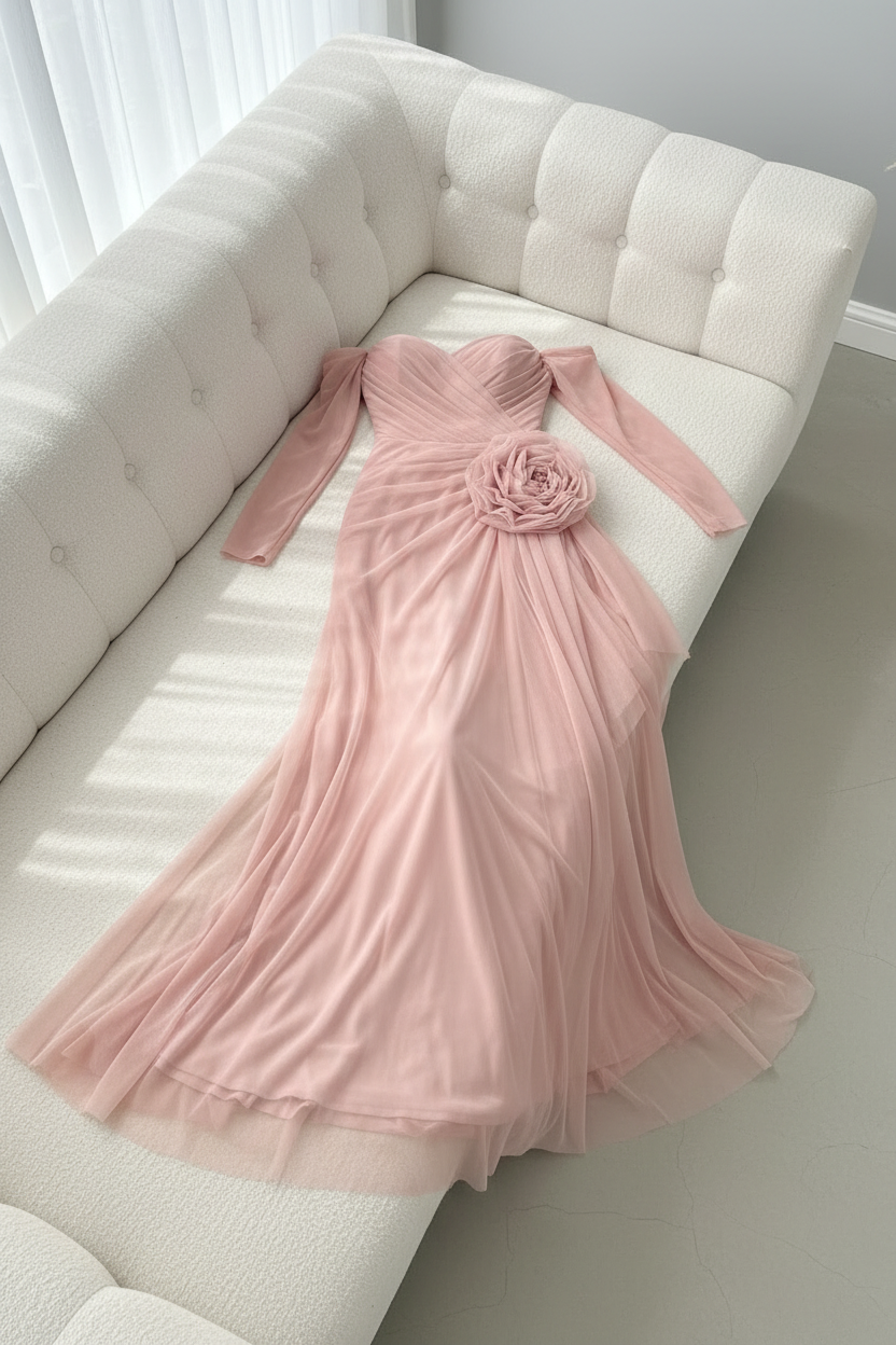 Vestido Rosa Palo Off-Shoulder con Rosa D V362