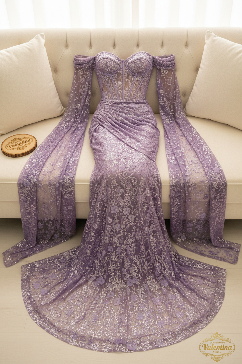 Vestido Sirena Lila Encaje Mangas Capa cod.913