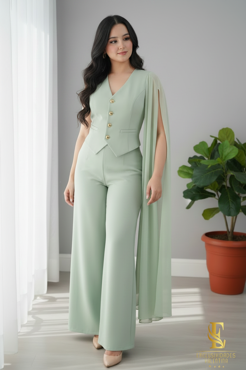 Conjunto Verde Menta — Chaleco Dorado & Palazzo con Capa cod.0027