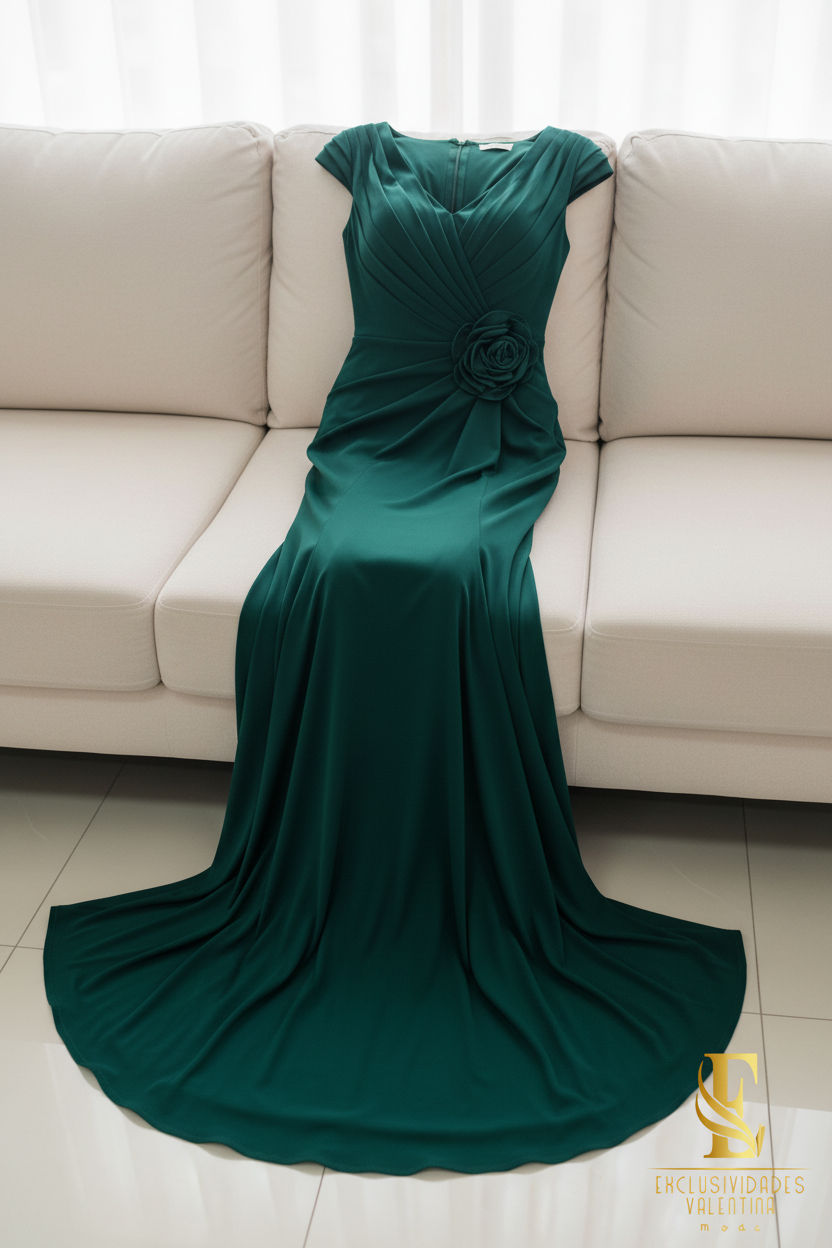 Vestido Sirena Verde Esmeralda | V-Neck Manga Casquillo con Rosa D cod.502