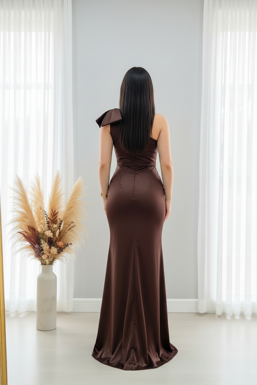 Vestido Chocolate One-Shoulder Moño cod.V423