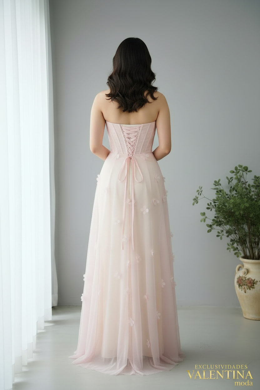 Vestido Rosa Palo Strapless con Flores 3D y Tul cod.V665