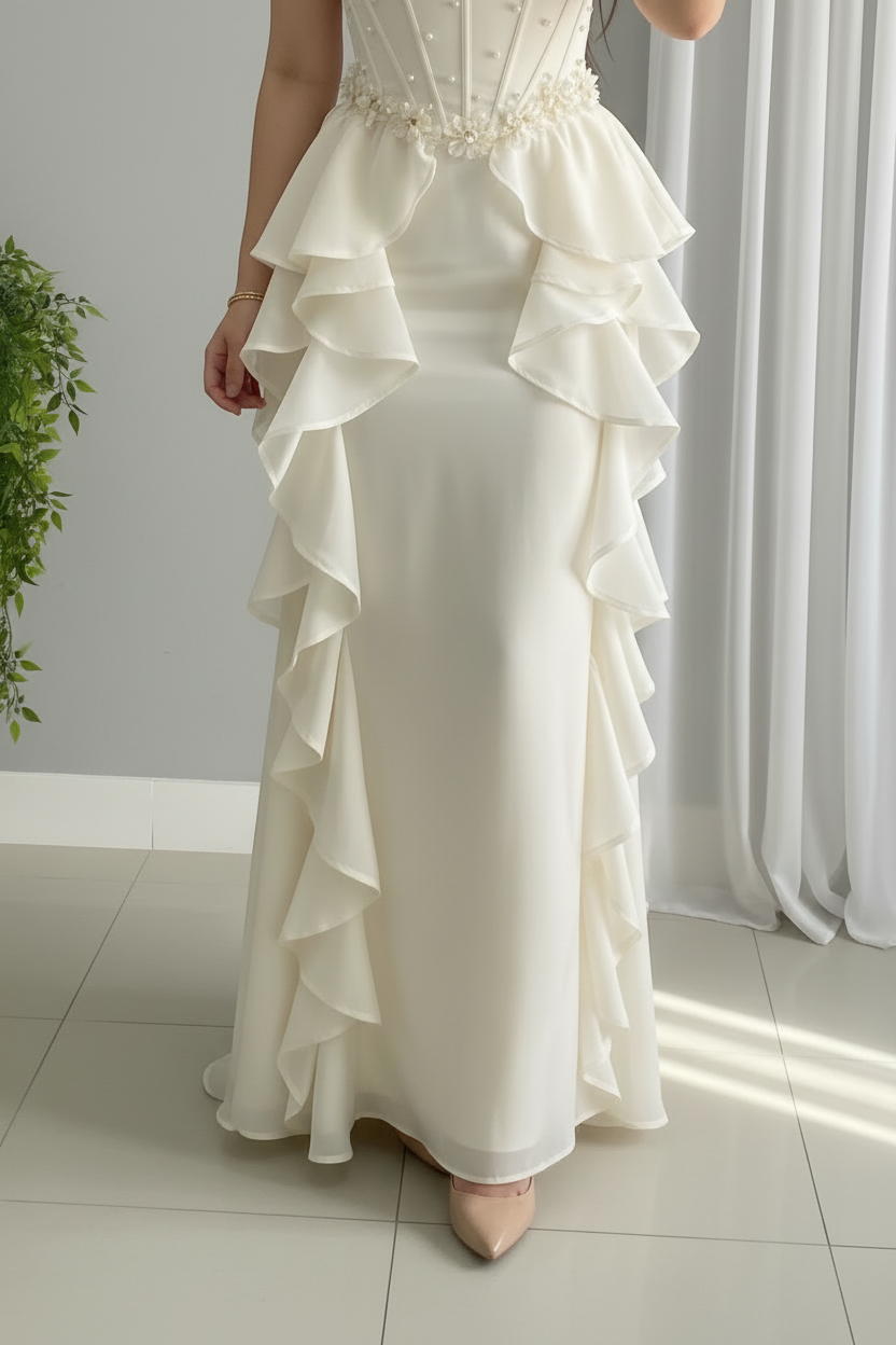 Vestido Ivory Strapless Corsé Perlas 3D Peplum con Falda Volantes Maxi cod.987