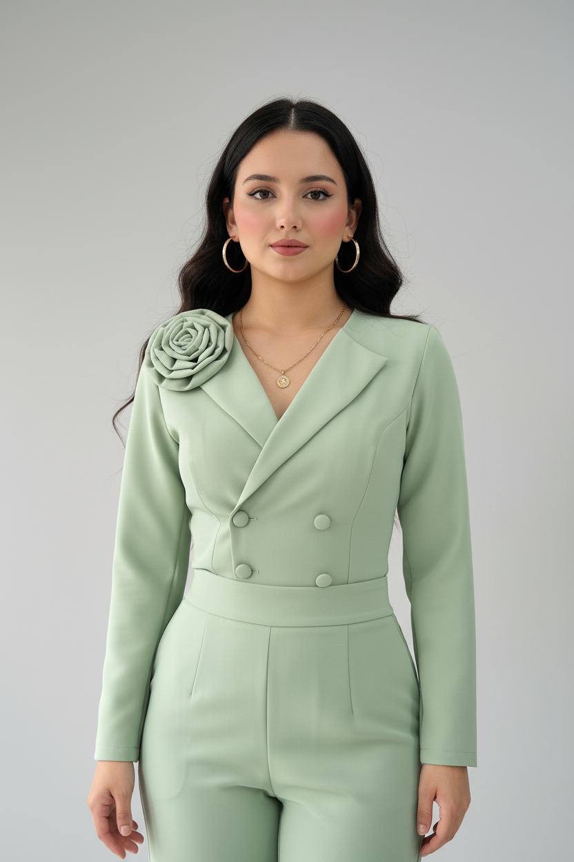 Conjunto Rose Vert – Blazer Crop con Rosa & Pantalón Palazzo cod.666