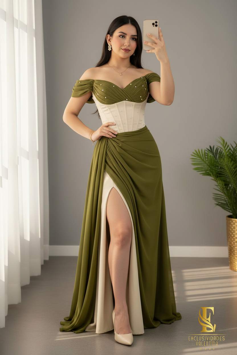 Vestido Verde Oliva Off-Shoulder con Corsé Crema y Abertura cod.V672
