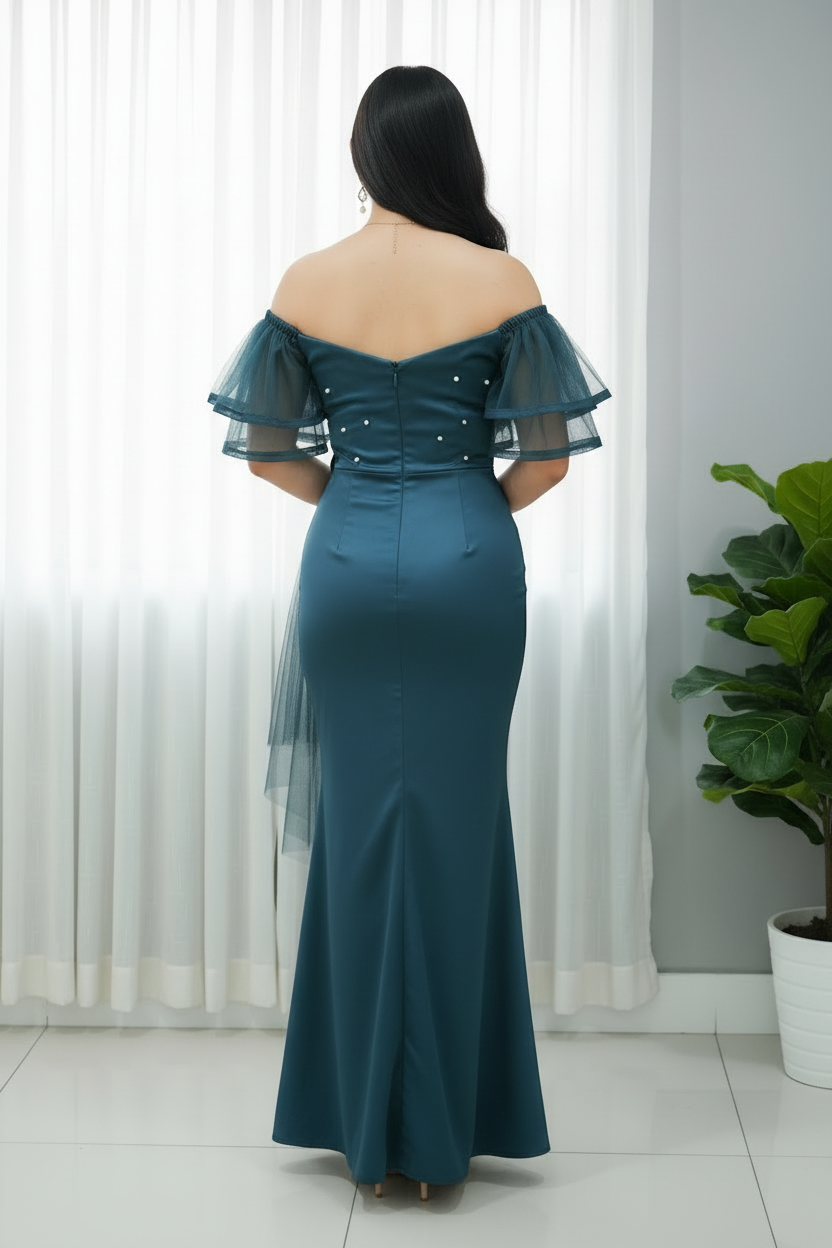 Vestido Verde Petróleo Off-Shoulder Mangas Tul Dobles Perlas Rosa 3D Cola Tul y Falda Sirena cod.779