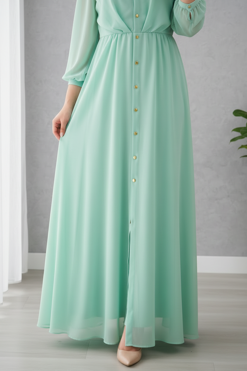 Vestido Verde Agua Menta Gasa Manga 3/4 Cuello Camisero Botones Dorados A-Line cod.830