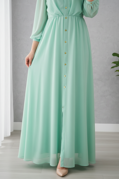 Vestido Verde Agua Menta Gasa Manga 3/4 Cuello Camisero Botones Dorados A-Line cod.830