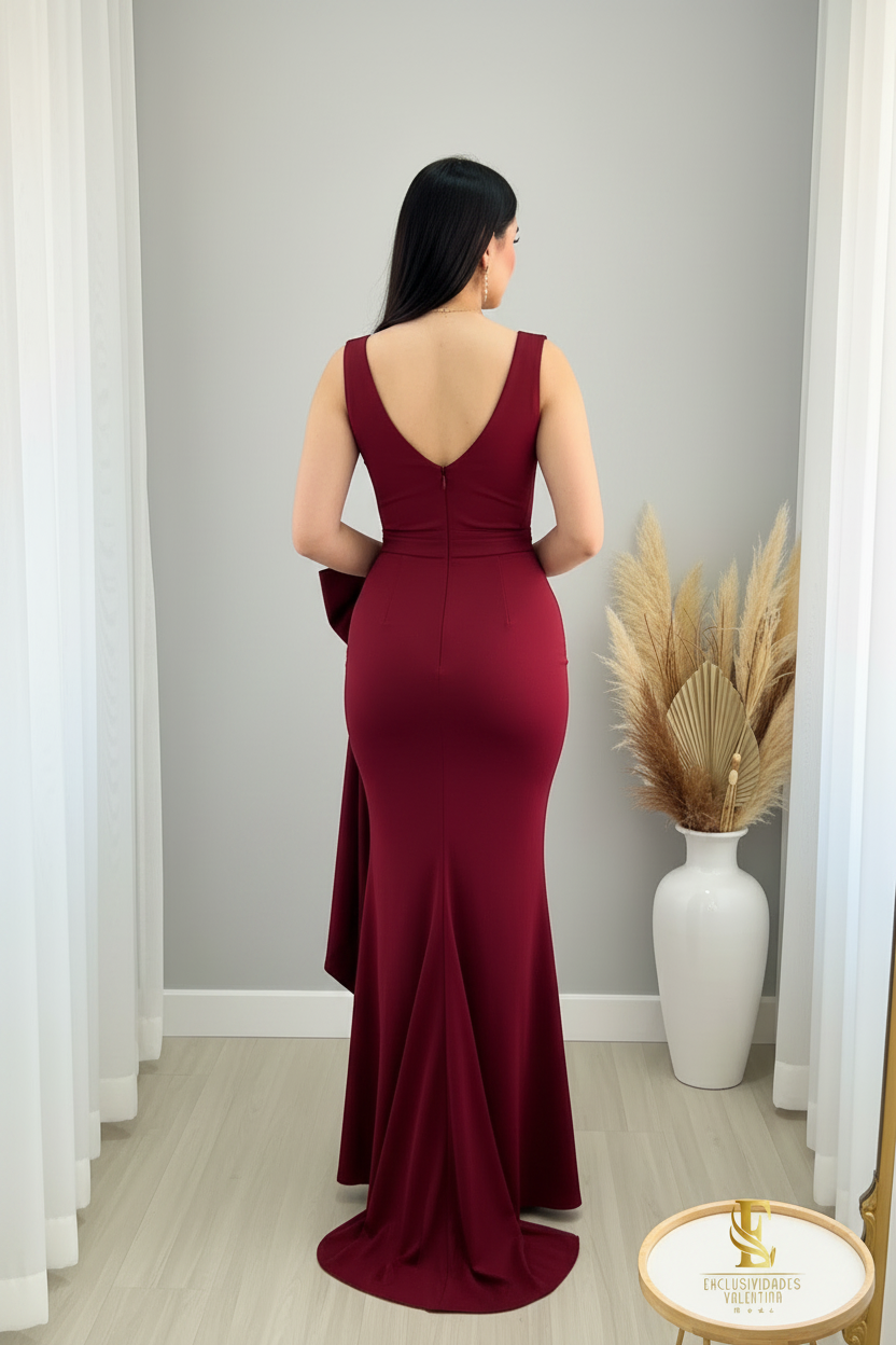 Vestido Vino Borgoña Sirena Sin Mangas Lazo Lateral cod.00177