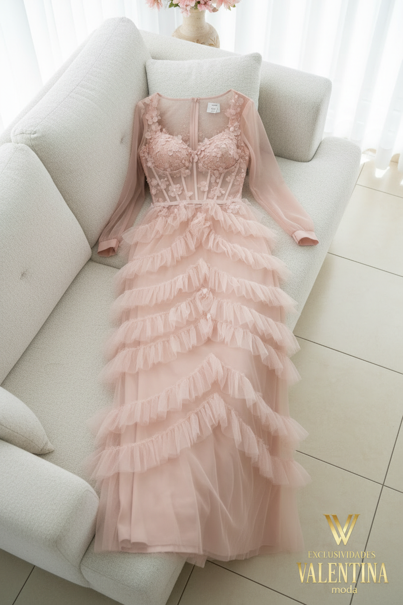 Vestido Rosa Palo Tul Manga Larga Corset con Falda en Capas Escalonada cod.V542