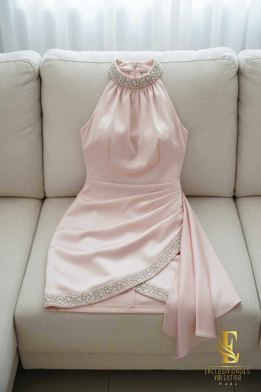 Vestido Rosa Palo Satén Cristales cod.V749