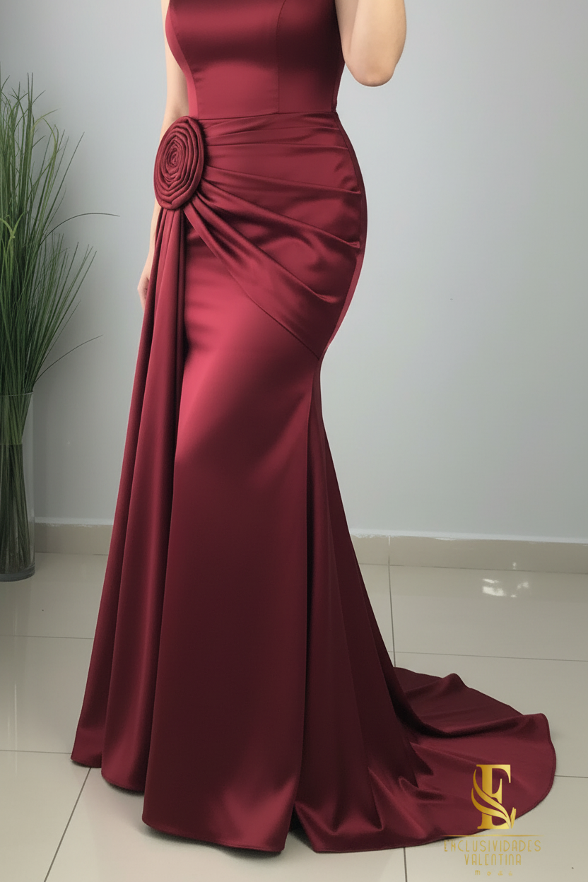 Vestido Sirena Borgoña Halter con Rosa Espiral y Espalda Descubierta cod.V248