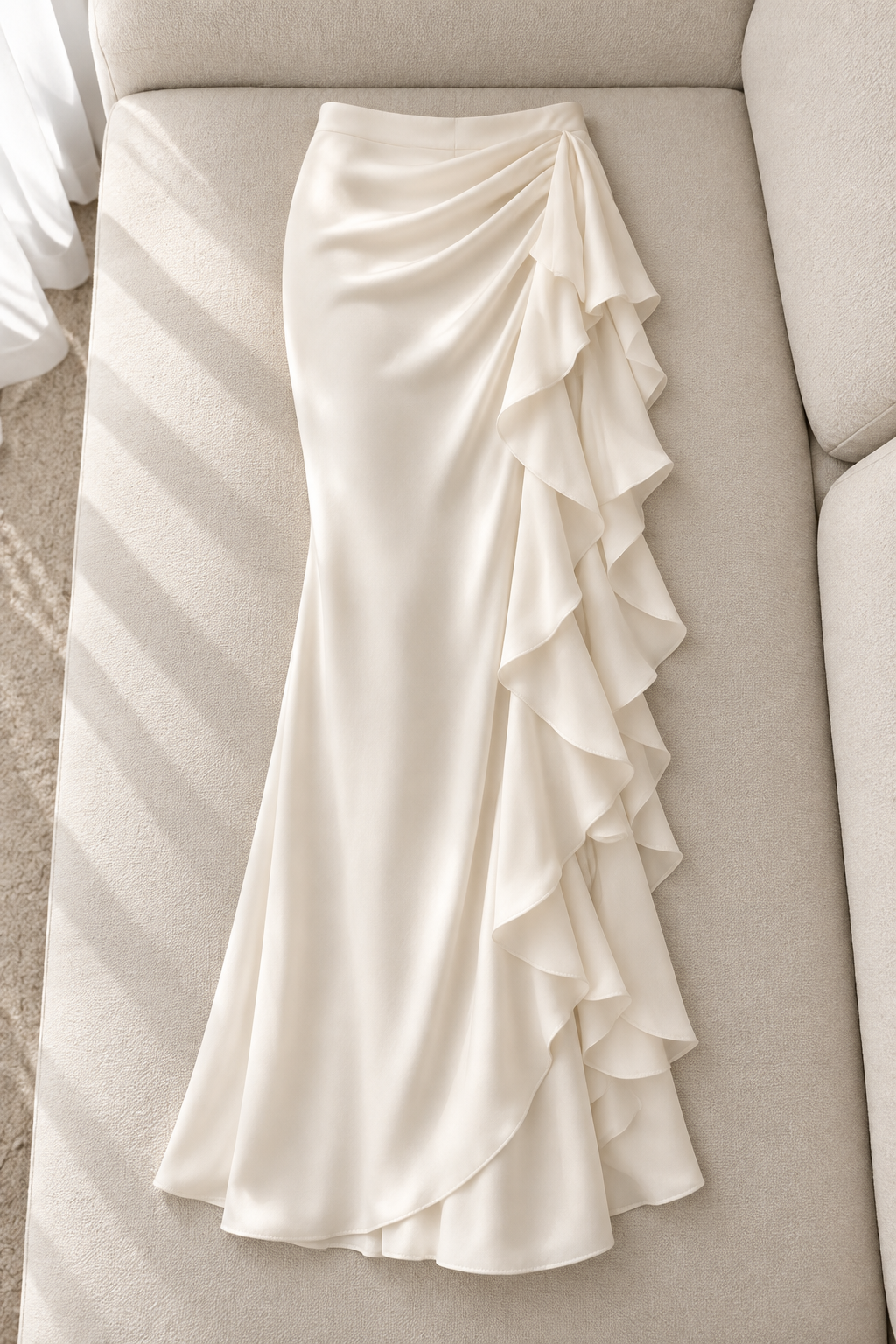 Falda larga cream drapeada con volantes laterales cod. F001