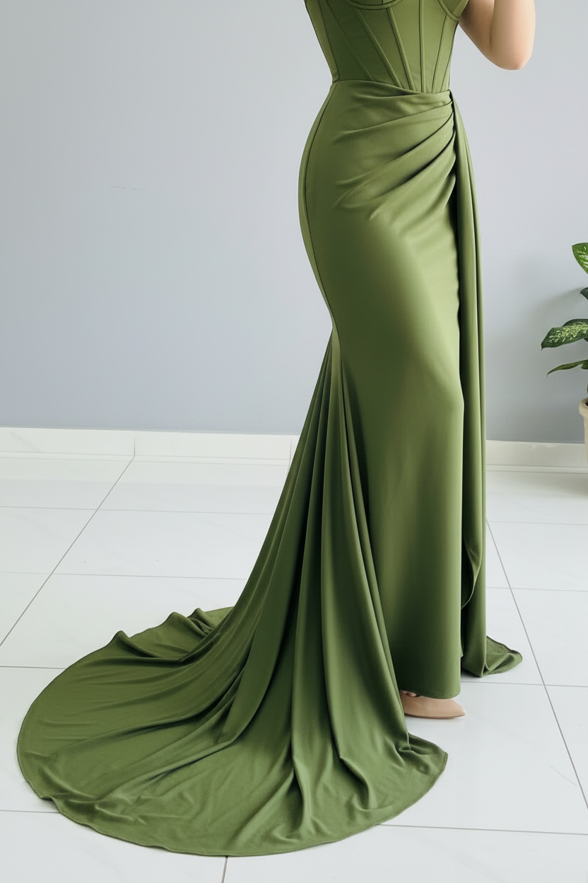 Vestido Sirena Verde Oliva Rosa 3D y Cola cod.635