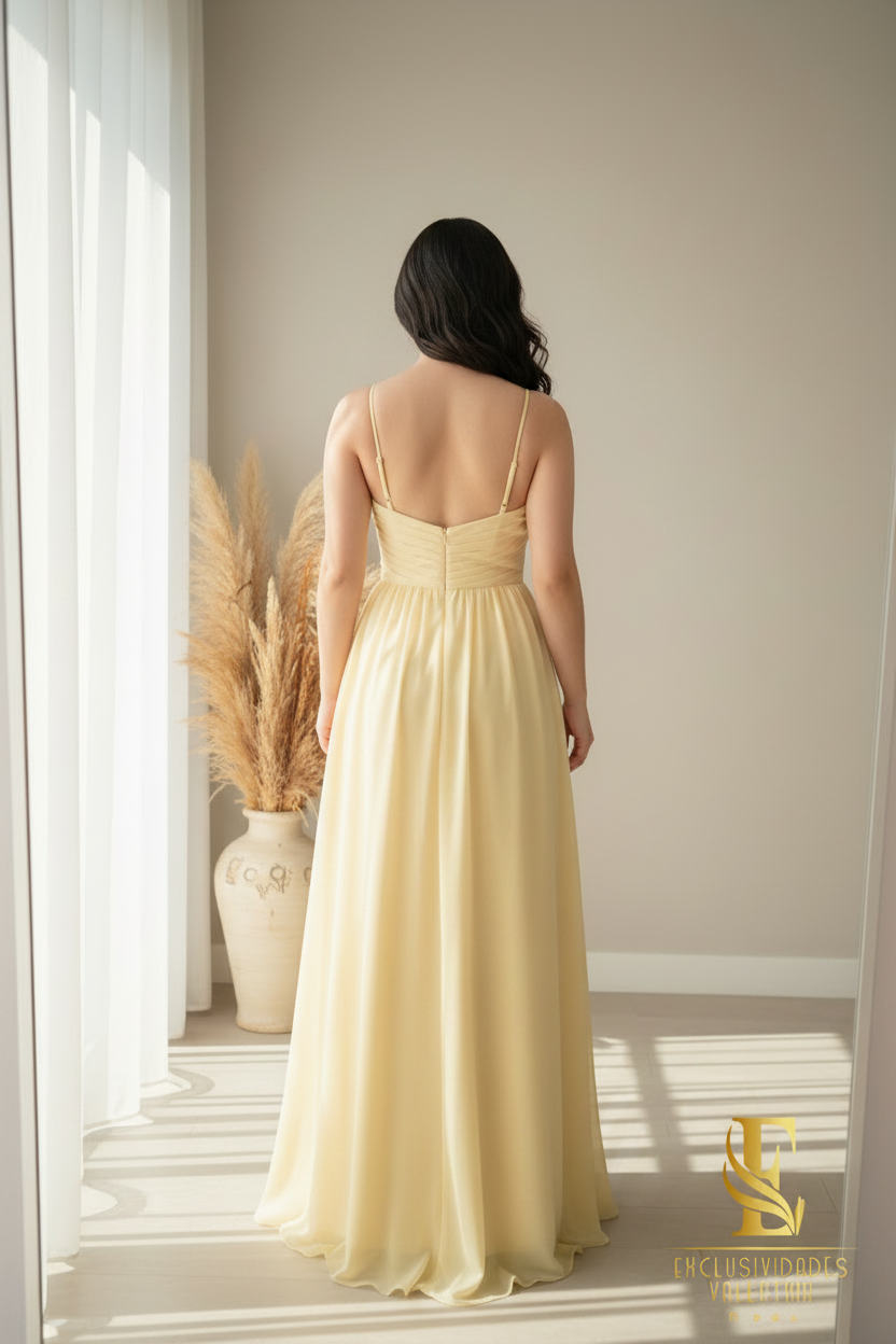 Vestido Amarillo Pastel Chifón A-Line con Tirantes y Cuerpo Drapeado cod.0078