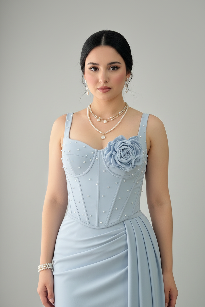 Vestido Azul Cielo Tirantes Corset con Perlas Rosa 3D y Cola Lateral cod.811