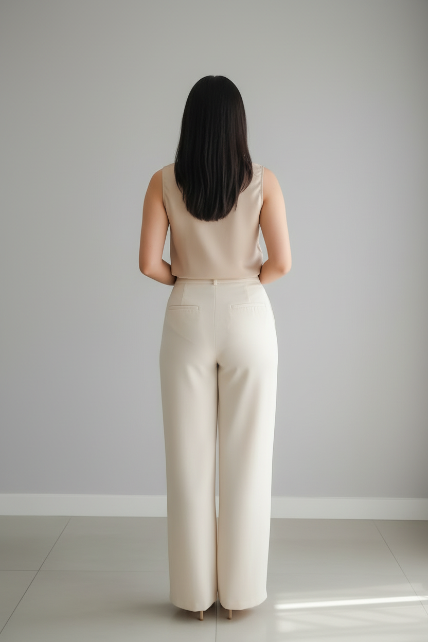Conjunto Top Satinado Beige Sin Mangas y Pantalón Palazzo Crema Tiro Alto cod.767