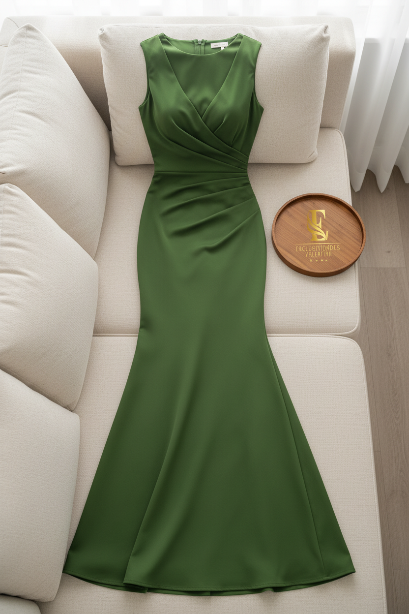 Vestido Verde Oliva — Largo Sirena con Drapeado cod.0047