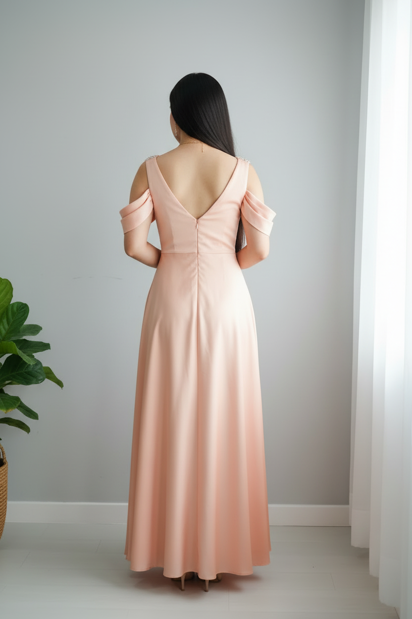 Vestido Peach Cold Shoulder   con Bordado de Cristales cod.702