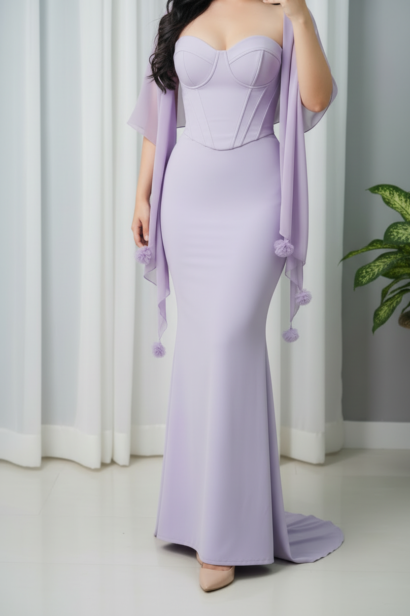 Vestido Lila Corsé con Chal Pompones cod.009