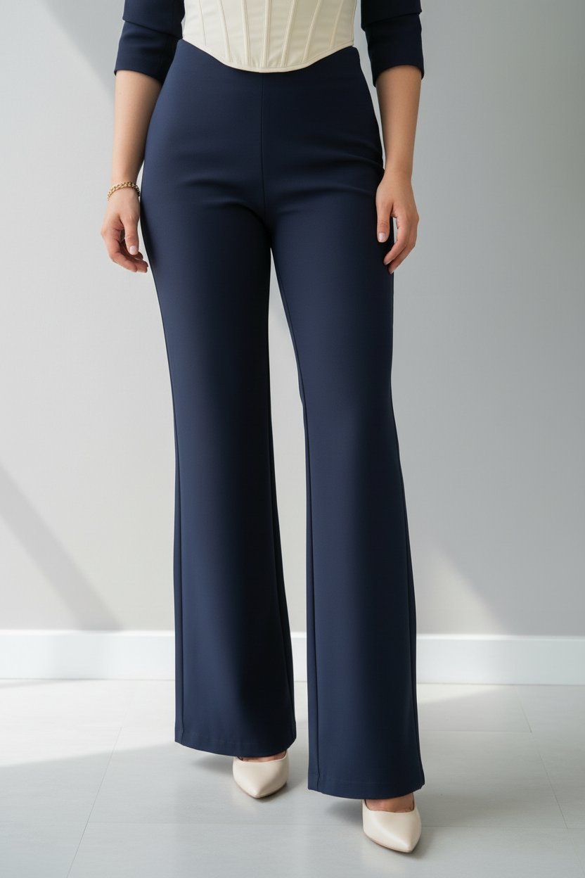 Conjunto Azul Marino Blazer con Corset Strapless y Pantalón Acampanado cod.652
