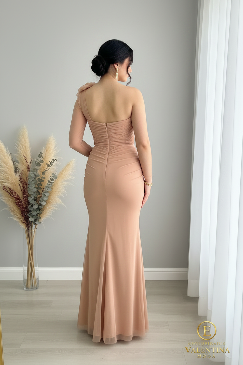 Vestido Sirena Blush Un Hombro Tul Drapeado Rosa D cod.V403