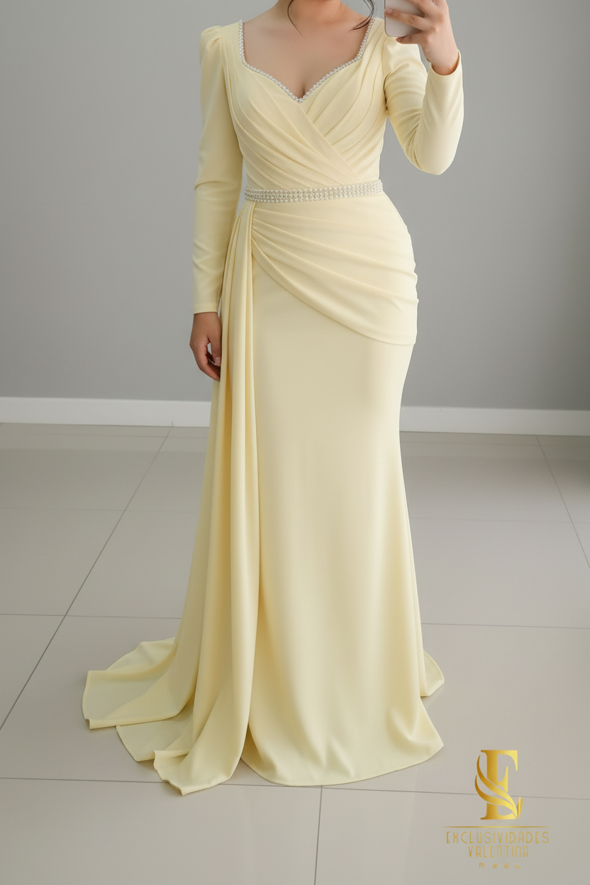 Vestido Sirena Amarillo Mantequilla con Cinturón de Cristales cod.V242