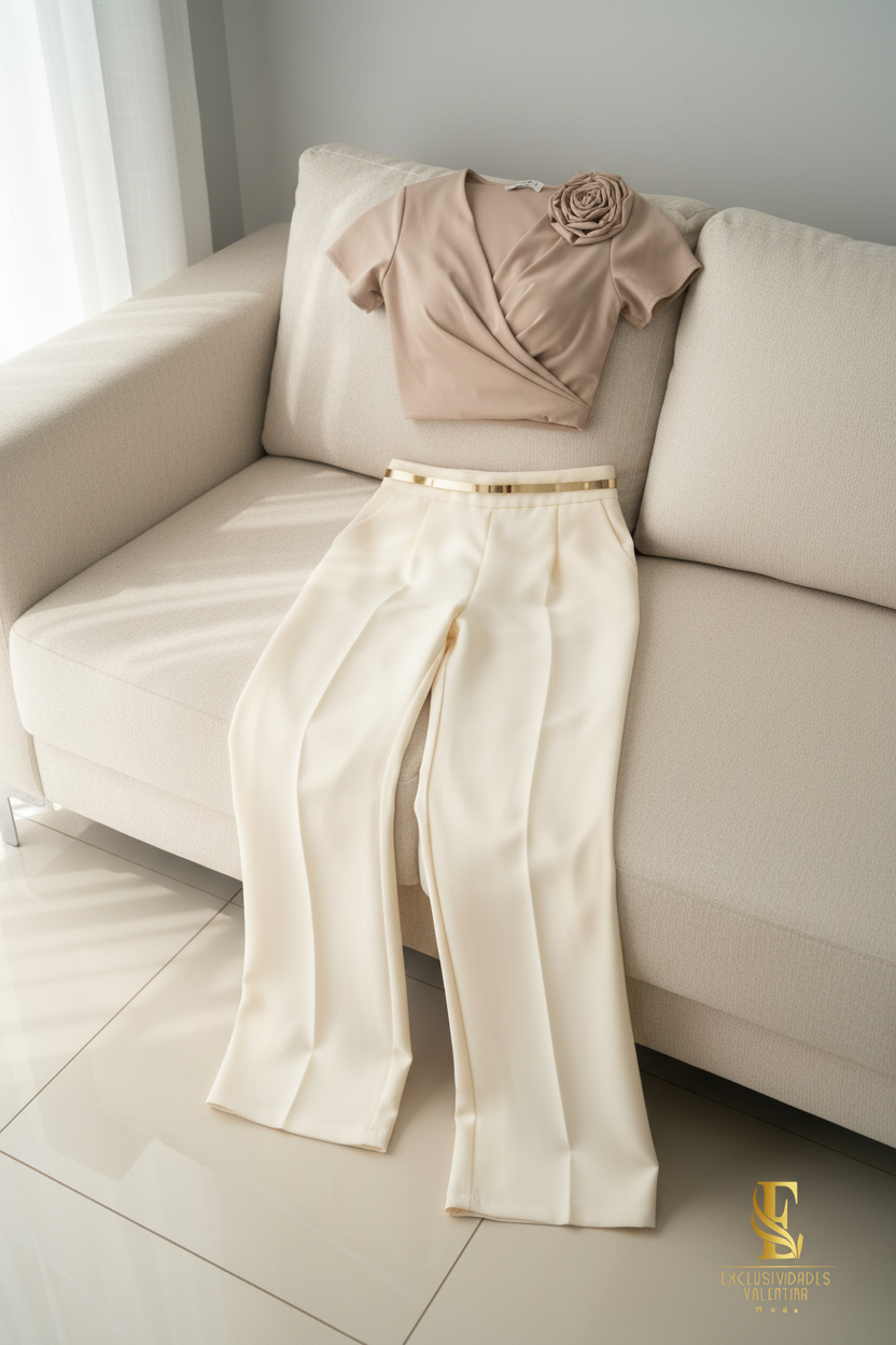 Conjunto Beige Blusa Rosa Palazzo Crema cod.V332