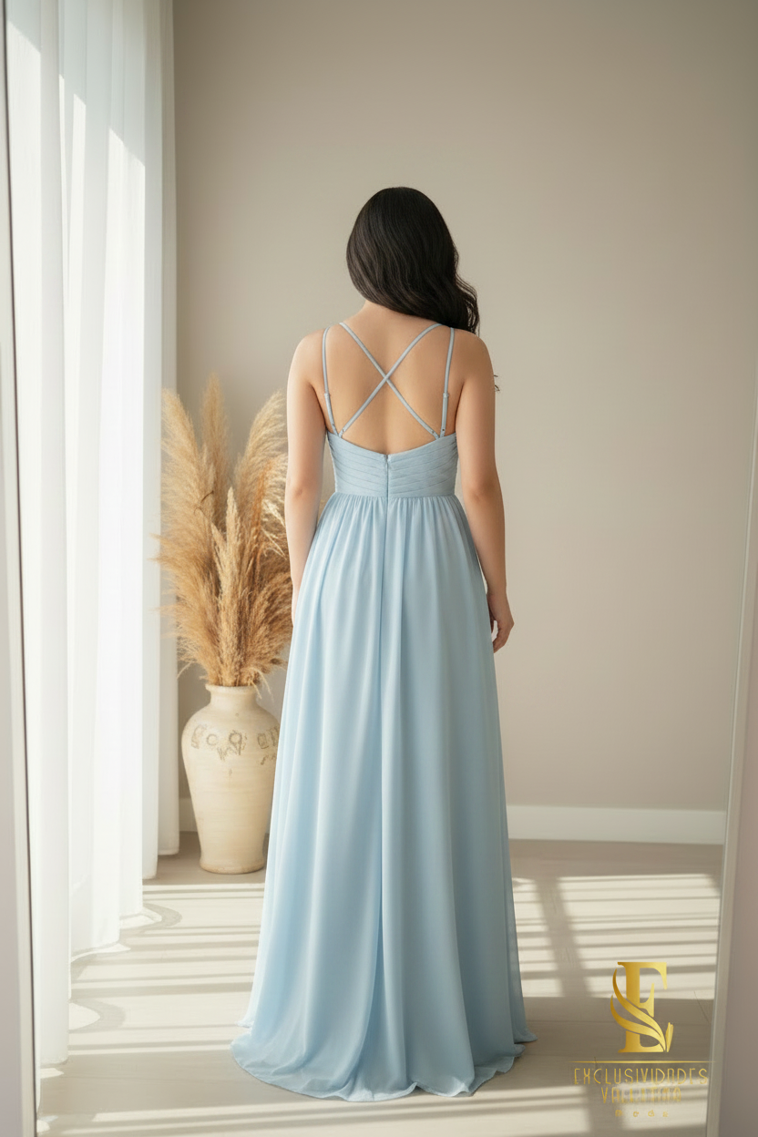 Vestido Azul Cielo Chifón A-Line con Tirantes y Cuerpo Drapeado cod.0079