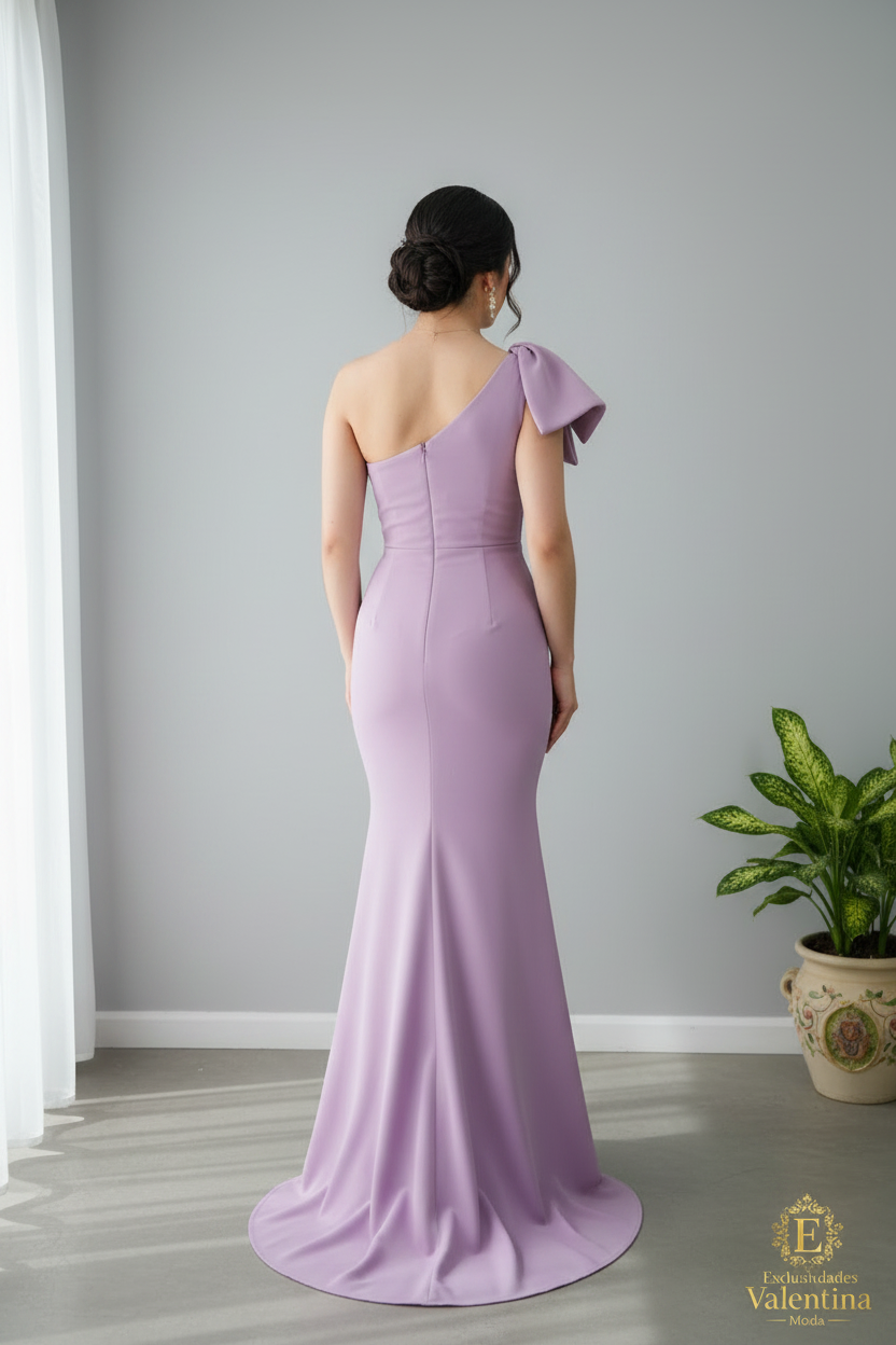 Vestido Lila Un Hombro Lazo Estructurado Sirena cod.925