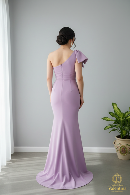 Vestido Lila Un Hombro Lazo Estructurado Sirena cod.925