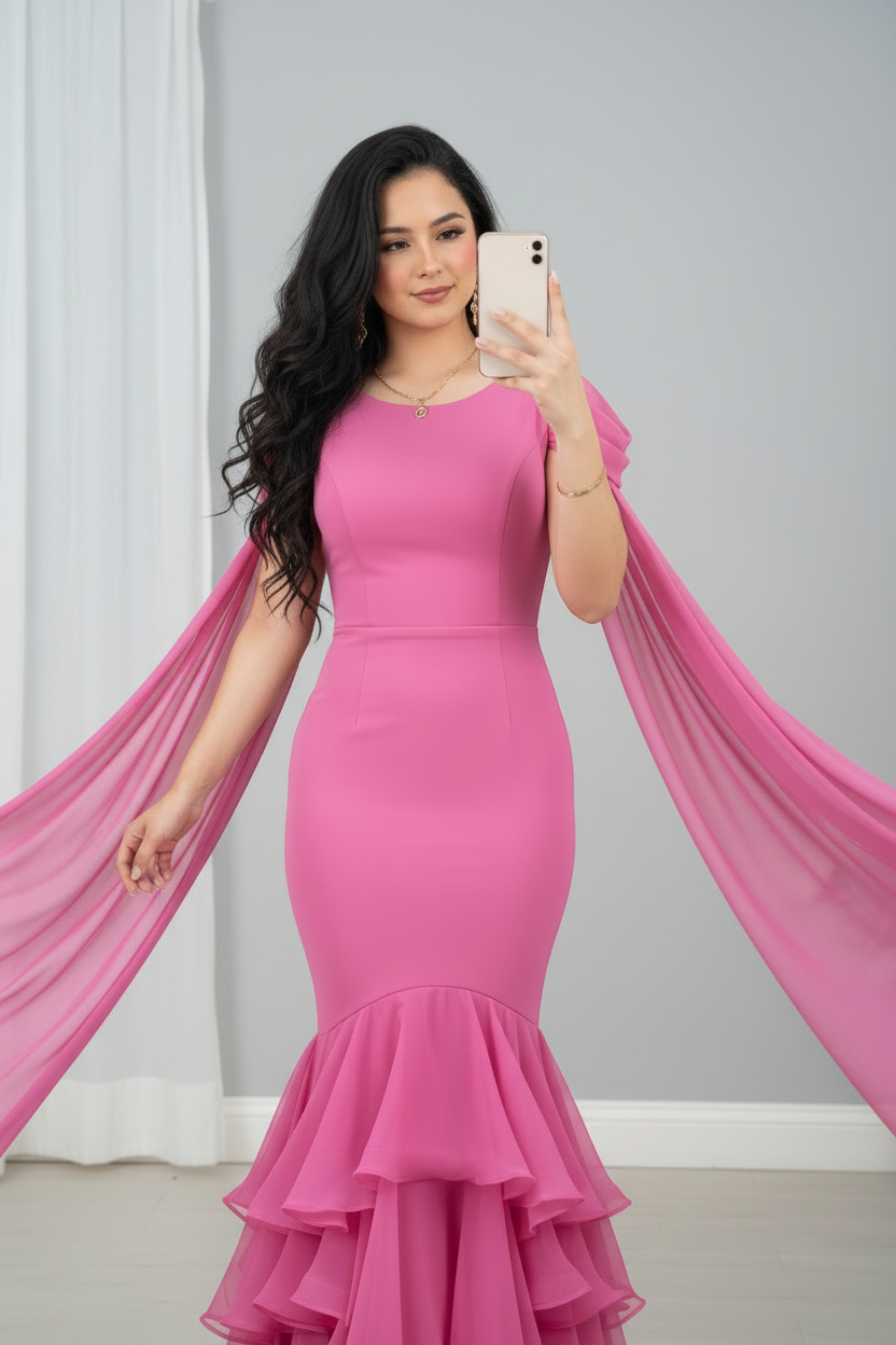 Vestido rosa fucsia sirena capa gasa volantes en capas C.1943