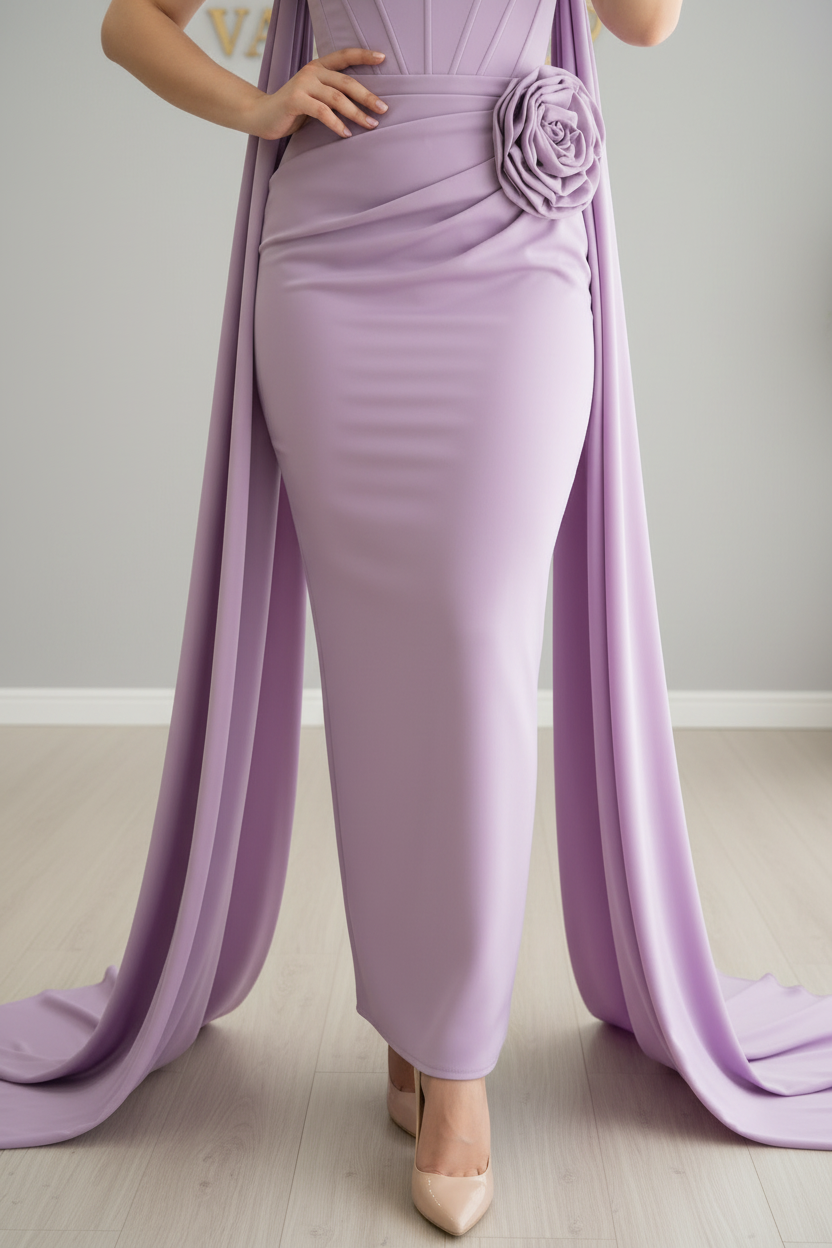 Vestido Lila — Off-Shoulder Corset con Rosa 3D y Capa cod.V628