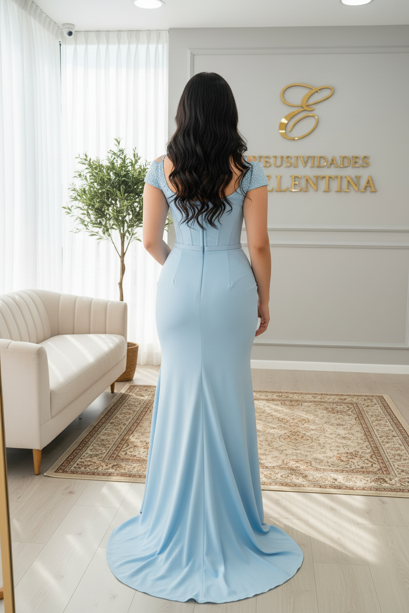 Vestido Azul Cielo Corset Manga Larga con Perlas y Drapeado Lateral cod.V609