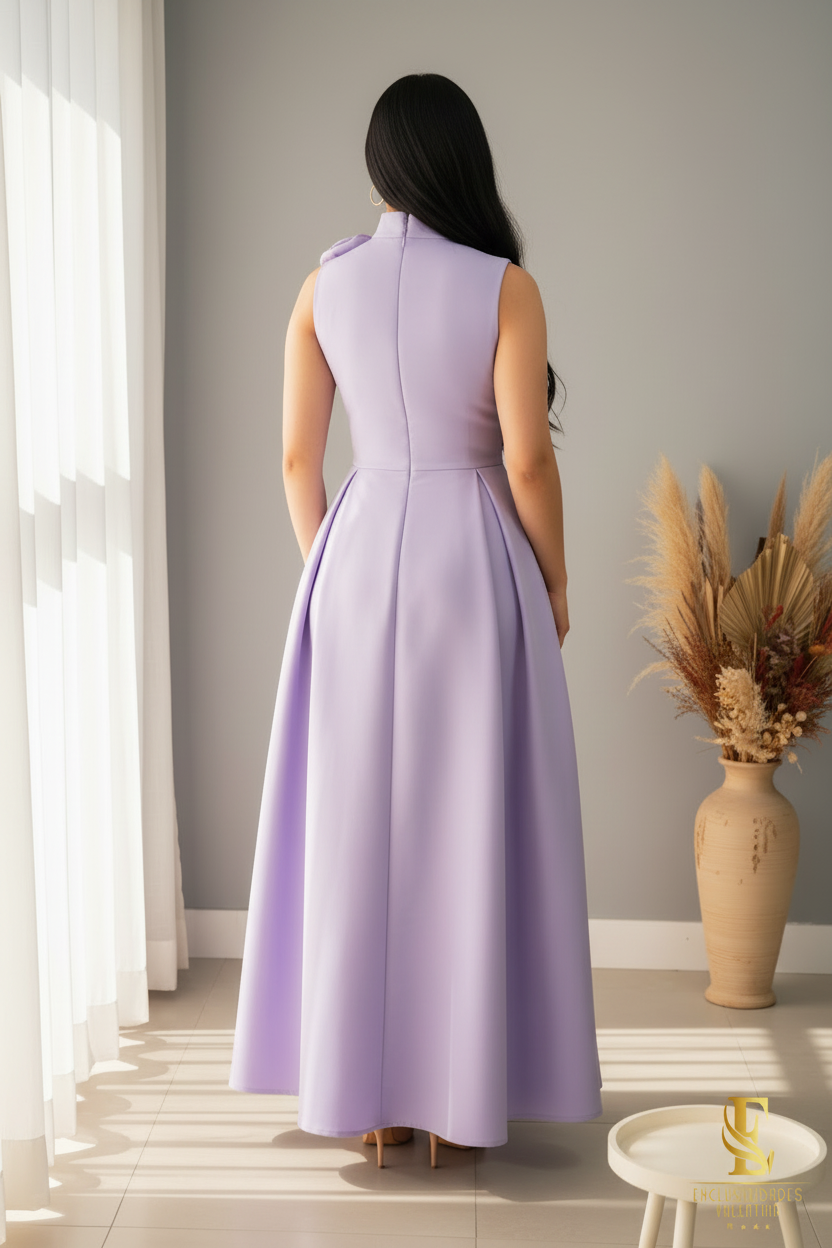 Vestido Lila Rosa 3D Cuello Alto cod.00159