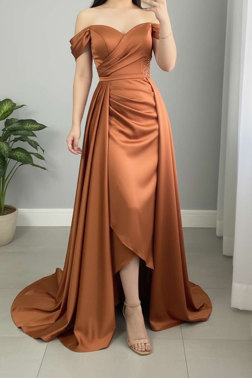 Vestido Terracota Cobre Off-Shoulder Satén Drapeado Perlas Cola Asimétrica cod.V0067