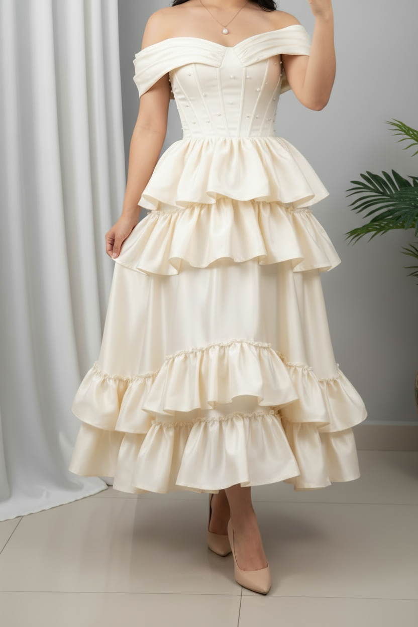 Vestido Ivory Volantes Off-Shoulder cod.993