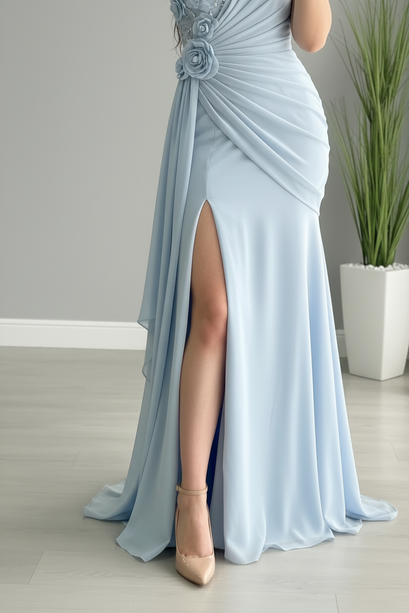 Vestido Azul Cielo Maxi con Rosas 3D y Perlas cod.962