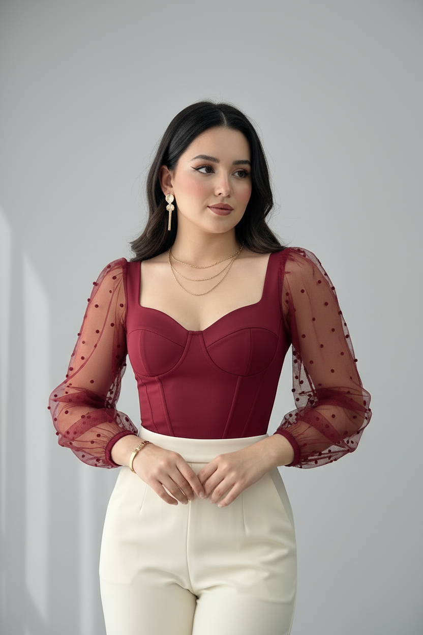 Conjunto Vino Corset con Mangas Tul de Puntos y Pantalón Crema cod.653
