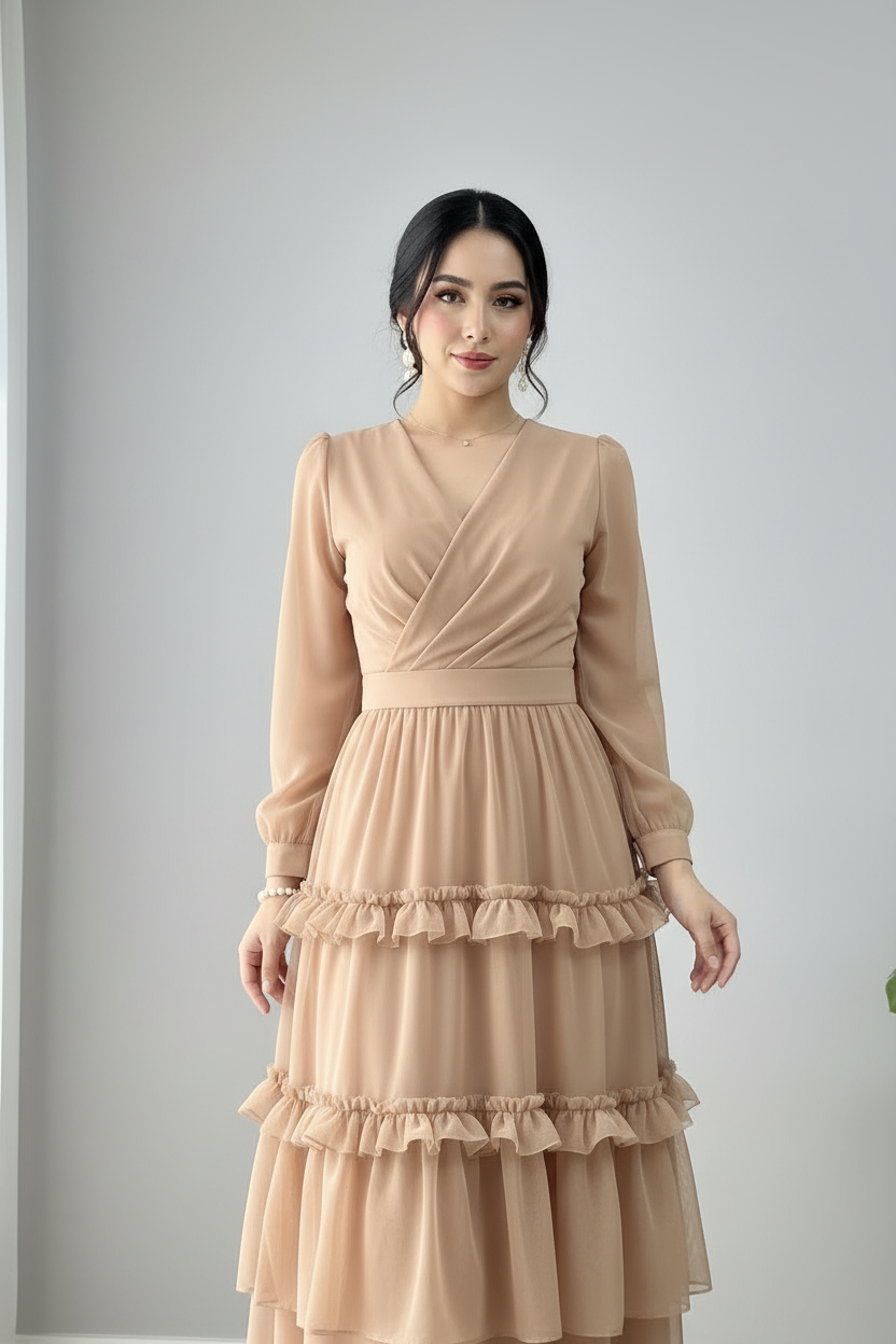 Vestido Nude Champagne Escote V Wrap Manga Larga Volantes Cascada cod.826