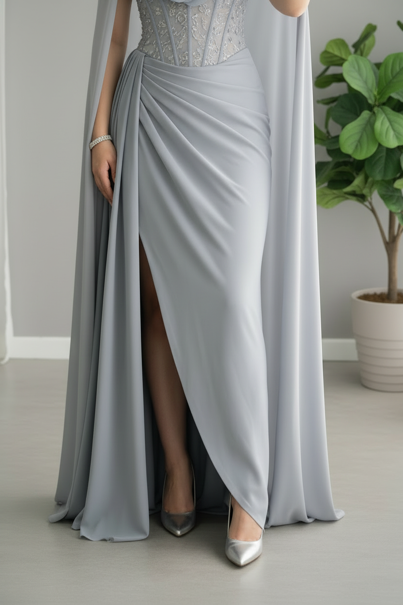 Vestido Gris con Capa y Rosa D cod.714
