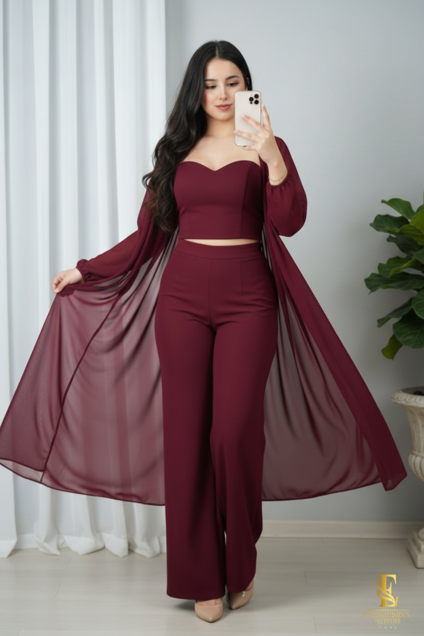 Conjunto Vino 3 Piezas — Crop Top, Palazzo & Kimono de Gasa cod.0029